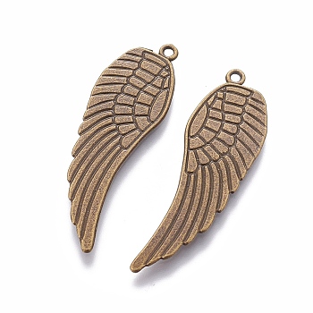 Metal Alloy Pendants, Lead Free & Cadmium Free & Nickel Free, Wing, Antique Bronze Color, Size: about 48mm long, 16mm wide, 1.5mm thick, hole: 1.5mm