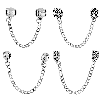 8Pcs 4 Styles Zinc Alloy European Beads, with Iron Safety Chains, Large Hole Beads, Mixed Shapes, Antique Silver & Platinum, 87~95mm, Hole: 4~5mm, 2pcs/style