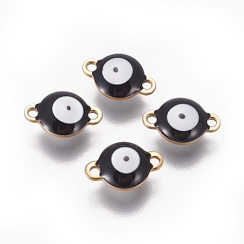 Ion Plating(IP) 304 Stainless Steel Enamel Links connectors, Flat Round with Evil Eye, Golden, Black, 12x8x4mm, Hole: 1.4mm