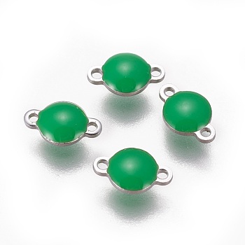 304 Stainless Steel Enamel Links connectors, Enamelled Sequins, Flat Round, Stainless Steel Color, Green, 9.5x6x3.5mm, Hole: 1.2mm