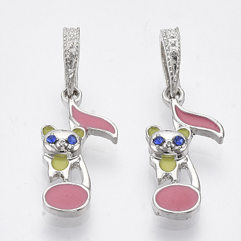 Alloy Kitten European Dangle Charms, with Rhinestone and Enamel, Large Hole Pendants, Musical Note with Cat, Platinum, 29mm, Hole: 4.5x6mm, Musical Note: 21x11x3mm
