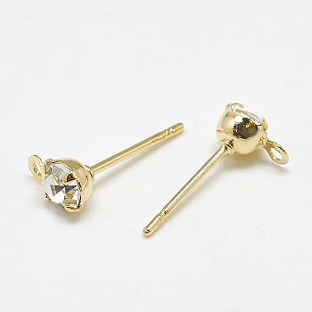 Brass Stud Earring Findings, with Loop, Cubic Zirconia, Clear, Real 18K Gold Plated, 6.5x4mm, Hole: 1mm, Pin: 0.7mm