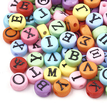 Acrylic Beads, Flat Round with Greek Alphabet, Mixed Color, 7x4mm, Hole: 1mm
