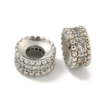 Brass Cubic Zirconia Spacer Beads, Long-Lasting Plated, Lead Free & Cadmium Free, Flat Round, Platinum, 7x3.8mm, Hole: 3.8mm