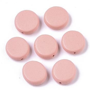 Painted Natural Wood Beads, Flat Round, Pink, 16x5.5mm, Hole: 1.5mm