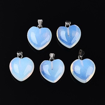 Opalite Pendants, Heart Charms, with Platinum Tone Iron Snap on Bails, 16~19x15~18x8~10.5mm, Hole: 5.5~6x2~2.5mm