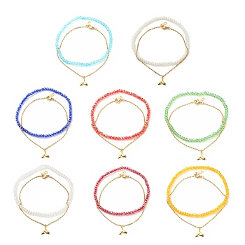 2Pcs 2 Style 304 Stainless Steel Whale Tail Charm Anklets Set, Glass Beads Anklets for Women, Mixed Color, Golden, Inner Diameter: 2-7/8 inch(7.4cm), 1Pc/style