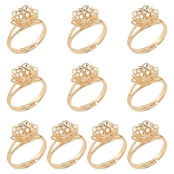 10Pcs Adjustable Brass Filigree Ring Settings, Finger Rings Components, Flower, Real 14K Gold Plated, Tay: 3mm, US Size 7(17.3mm)