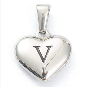 304 Stainless Steel Pendants, Heart with Black Letter, Stainless Steel Color, Letter.V, 16x16x4.5mm, Hole: 7x3mm