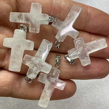 Natural Quartz Crystal Pendants, Rock Crystal Pendants, with Platinum Tone Brass Findings, Cross, 25x18mm