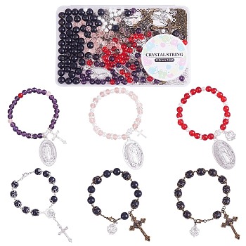 DIY Rosary Bead Necklace Bracelet Making Kit, Including Virgin Mary & Cross & Ross Alloy Link Connectors & Pendants & Clasp, Glass Pearl Beads, Iron Cable Chains, Mixed Color