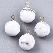 Natural Howlite Charms, with Golden Plated Brass Loops,, Round, 14x10.5mm, Hole: 1.5mm(G-N332-024G-18)