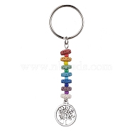 Tree of Life Tibetan Style Alloy Pendant Keychain, with 7 Chakra Natural Lava Rock and Iron Split Key Rings, 88mm(KEYC-JKC00683)