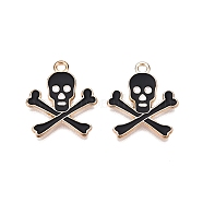 Halloween Theme Alloy Enamel Pendants, Cadmium Free & Lead Free, Light Gold, Skull Charm, Black, 21x17.5x1.5mm, Hole: 1.8mm(PALLOY-N176-39B-RS)