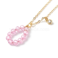 Brass Cubic Zirconia Pendant Necklace, with Brass Curb Chain, Real 18K Gold Plated, Teardrop, Pink, 17.01 inch(43.2cm)(NJEW-JN03531-02)