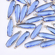 Transparent Glass Pendants, with Brass Findings, Faceted, Teardrop, Light Gold, Royal Blue, 32x8x4mm, Hole: 1.2mm(GLAA-T007-15B)