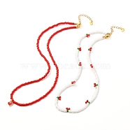 Red & White Glass Seed Beaded Necklaces Sets, with Heart Alloy Enamel Charms & Chain Extender, Golden, Mixed Color, 16.54 inch(42cm), 14.57 inch(37cm), 2pcs/set(NJEW-JN03719)