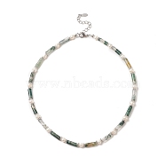 Natural Moss Agate & Pearl & Crystal Rhinestone Beaded Necklace for Women, 16.89 inch(42.9cm)(NJEW-JN04209-04)