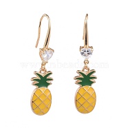 Alloy Enamel Dangle Earrings, with Brass Cubic Zirconia Earring Hooks, Pineapple, Golden, Yellow, 49mm, Pin: 0.9mm(EJEW-JE03500-03)