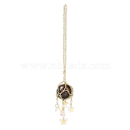 Natural Tiger Eye with Rack Plating Brass Pendants Decorations, Plastic Imitation Pearl and Glass Beads, Cadmium Free & Lead Free, Round, 7-5/8 inch(19.5cm)(AJEW-B023-01G-02)