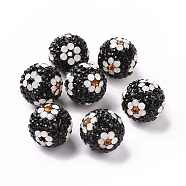 Polymer Clay Rhinestone Beads, Pave Disco Ball Beads, Round with Flower, Jet, 16mm, Hole: 1.6~1.8mm(RB-L029-03E)