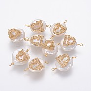 Natural Pearl Links connectors, with Brass Micro Pave Cubic Zirconia Findings, Flat Round with Constellation, Golden, Clear, Libra, 20~26x9~17x5~11mm, Hole: 1.6mm(PEAR-F012-02G-E)