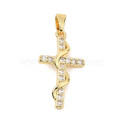 Brass Micro Pave Clear Cubic Zirconia Pendants, Cross Charms, Golden, 23.5x13x3mm, Hole: 5x3.5mm(CU-CBA2A11-02G)