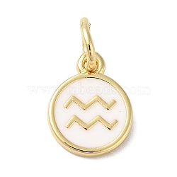 Real 18K Gold Plated Brass Enamel Charms, with Jump Ring, Long-Lasting Plated, Lead Free & Cadmium Free, Flat Round with Aquarius Charms, White, 10x8x1mm, Hole: 4mm(KK-L216-001G-E02)