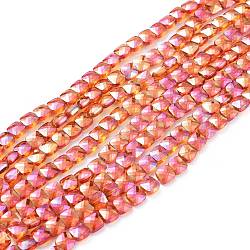 Electroplate Glass Beads Strands, Faceted, Square, Coral, 6.5x6.5x4mm, Hole: 1mm, about 100pcs/strand, 23.62~25.1 inch(60~63.7cm)(EGLA-S176-02-B07)