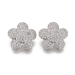 Brass Micro Pave Clear Cubic Zirconia Shank Buttons, Flower, Platinum, 16x6mm, Hole: 1.6mm(KK-H738-06P)
