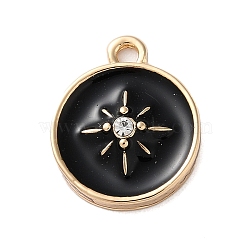 Zinc Alloy Enamel Pendants, with Rhinestone, Golden, Flat Round with Star Charm, Black, 15.5x13x3.5mm, Hole: 1.5mm(ENAM-Z011-01G-B)