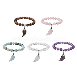 Natural Gemstone Stretch Bracelets, Wing Shape Stone Charm Bracelets for Women, Inner Diameter: 2-1/2 inch(6.2cm)(BJEW-JB10095)