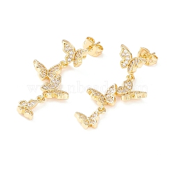 Cubic Zirconia Butterfly Dangle Stud Earrings, Real 18K Gold Plated Brass Long Drop Earrings for Women, Cadmium Free & Lead Free, Clear, 35mm, Pin: 0.7mm(X-EJEW-I263-03G)