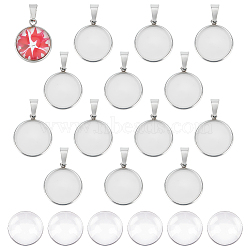 50Pcs Flat Round 304 Stainless Steel Pendant Cabochon Settings, with 50Pcs Transparent Glass Cabochons, Stainless Steel Color, Tray: 16mm, 15.5~20x15.5~18x1.5~4mm, Hole: 7x4mm(FIND-UN0002-52)