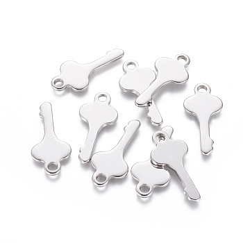 201 Stainless Steel Pendants, Key, Stainless Steel Color, 24x11x1.4mm, Hole: 2mm