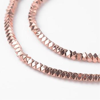 Non-Magnetic Synthetic Hematite Beads Strands, Polygon, Faceted, Rose Gold Plated, 3x3x2mm, Hole: 1mm, about 198pcs/strand, 16.1 inch