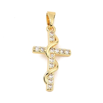 Brass Micro Pave Clear Cubic Zirconia Pendants, Cross Charms, Golden, 23.5x13x3mm, Hole: 5x3.5mm