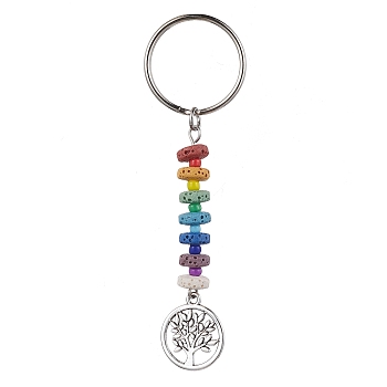 Tree of Life Tibetan Style Alloy Pendant Keychain, with 7 Chakra Natural Lava Rock and Iron Split Key Rings, 88mm