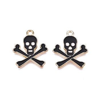 Halloween Theme Alloy Enamel Pendants, Cadmium Free & Lead Free, Light Gold, Skull Charm, Black, 21x17.5x1.5mm, Hole: 1.8mm