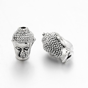 Alloy 3D Buddha Head Beads, Antique Silver, 13x8.5x8mm, Hole: 1.5~2mm
