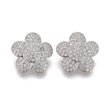 Brass Micro Pave Clear Cubic Zirconia Shank Buttons, Flower, Platinum, 16x6mm, Hole: 1.6mm