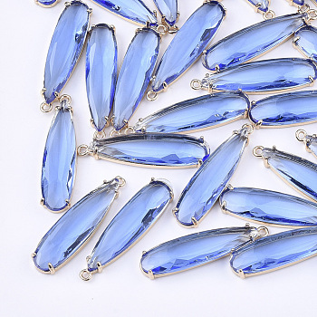 Transparent Glass Pendants, with Brass Findings, Faceted, Teardrop, Light Gold, Royal Blue, 32x8x4mm, Hole: 1.2mm