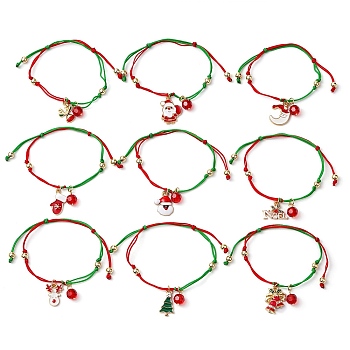 Christmas Theme Alloy Enamel & Imitation Austrian Crystal Charm Bracelets, Adjustable Nylon Braided Cord Brecelets, Mixed Shapes, Inner Diameter: 2-1/4 inch(5.85cm)