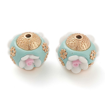 Handmade Indonesia Beads, with Alloy Findings and Resin, Rondelle with Flower, White, 16x16.5x16mm, Hole: 1.8mm