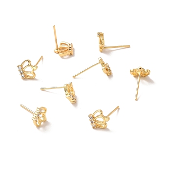 Clear Cubic Zirconia Crown Stud Earrings, Brass Jewelry for Women, Cadmium Free & Nickel Free & Lead Free, Real 18K Gold Plated, 7.5x8mm, Pin: 0.7mm