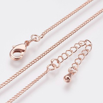 Long-Lasting Plated Brass Curb Chain Necklaces, with Lobster Claw Clasp, Nickel Free, Real Rose Gold Plated, 18.11 inch(46cm), 1.2mm