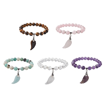 Natural Gemstone Stretch Bracelets, Wing Shape Stone Charm Bracelets for Women, Inner Diameter: 2-1/2 inch(6.2cm)
