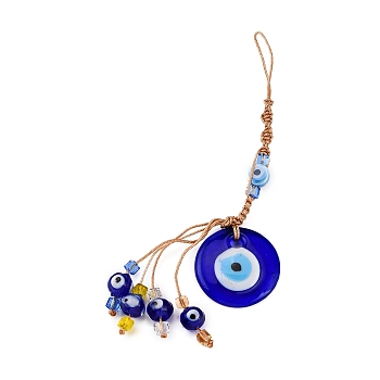 Handmade Glass Evil Eye Pendant Decorations, with Polyester Cord, Blue, 145mm