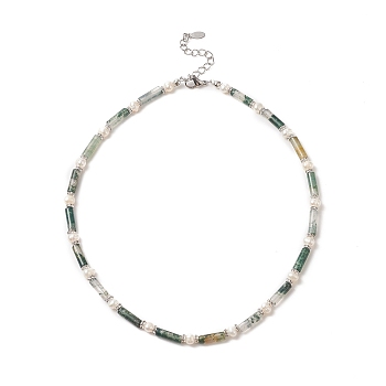 Natural Moss Agate & Pearl & Crystal Rhinestone Beaded Necklace for Women, 16.89 inch(42.9cm)