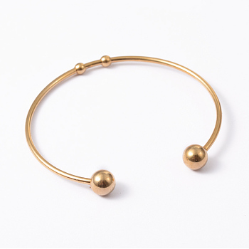 Fashion 304 Stainless Steel Cuff Bangles Torque Bangles, with Soldered Round Beads, Golden, 2 inch~2-1/2 inch(50~65mm)
